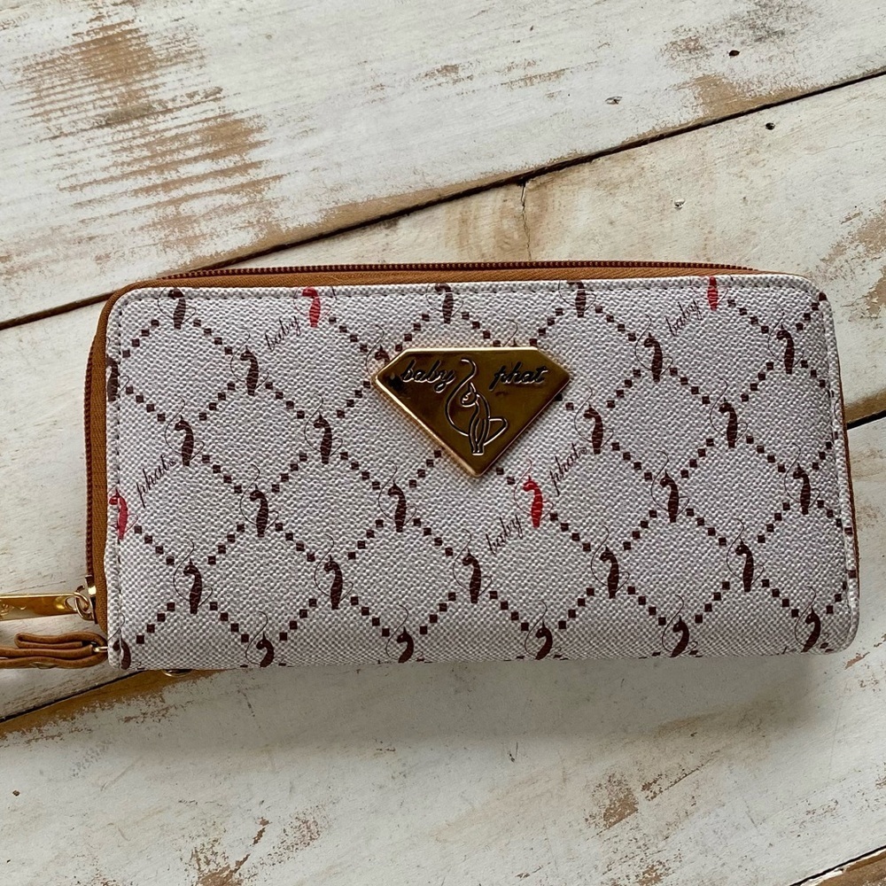 BABY PHAT y2k Vintage Wallet clutch wristlet iconic cats taupe neutral MINT - Picture 2 of 13